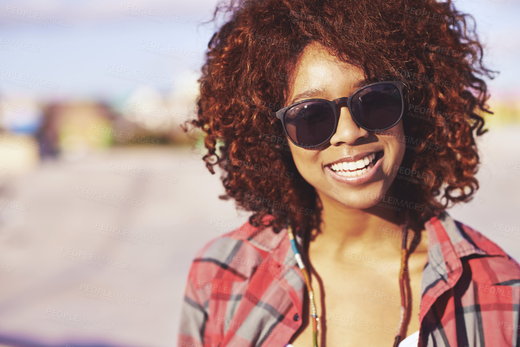 Buy stock photo Face, black woman and smile with sunglasses at skatepark or outdoor with happiness, leisure and break in Atlanta. Closeup, female person and skater with hobby or activity for training, fun and relax