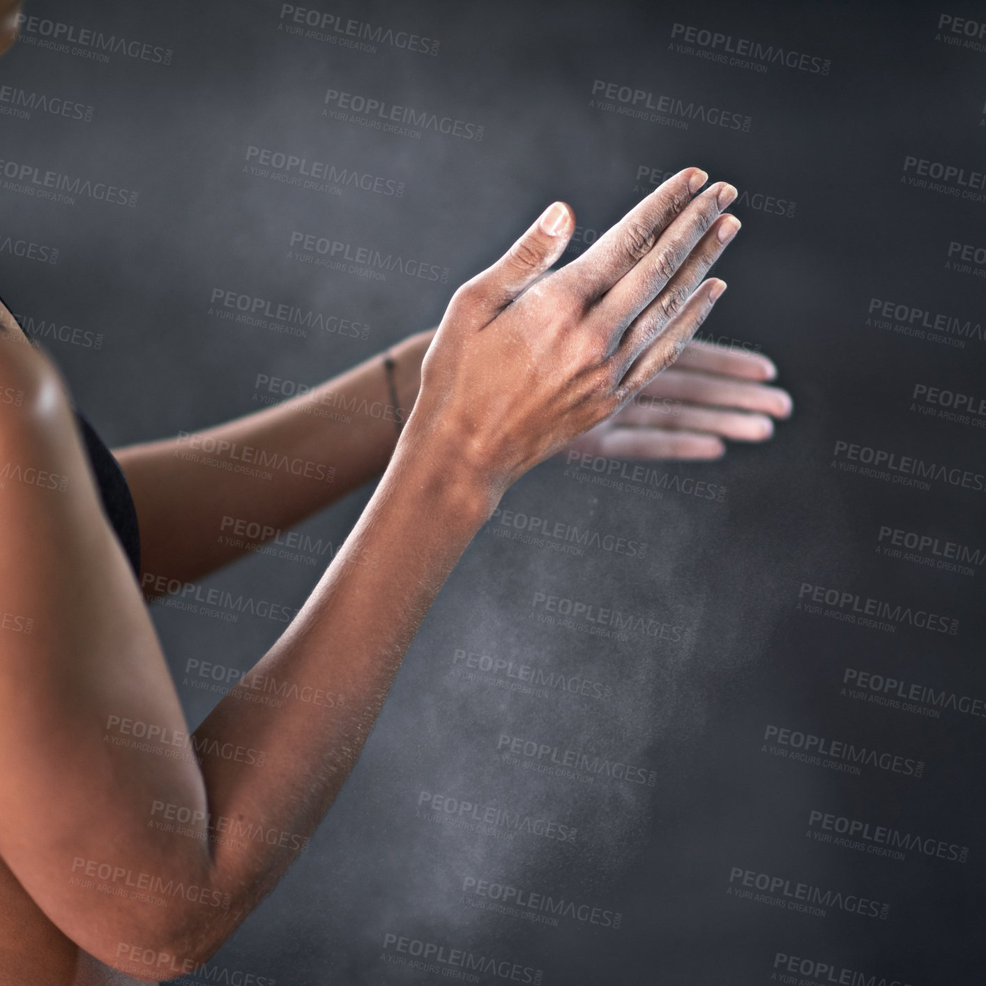 Buy stock photo Hands, person and powder for performance, fitness and strength for training and wellness in gym. Bodybuilder, dust and exercise or workout for health, sports and grip for weight lifting or self care