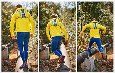Buy stock photo Series of images of a young man running along a nature trail