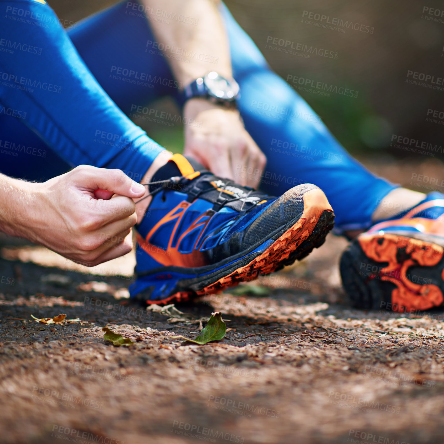 Buy stock photo Man, forest and tying shoes for running with nature exercise, strong body and prepare for outdoor sport. Male athlete, woods and fasten sneakers on ground with getting ready, training and wellness