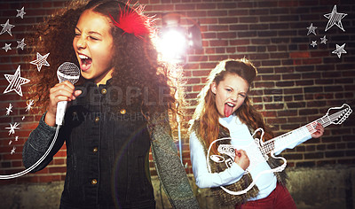 Buy stock photo Shot of two girls singing and playing rock music on imaginary instruments