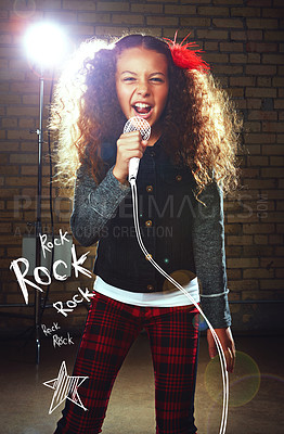 Buy stock photo Shot of a girl singing into an imaginary microphone