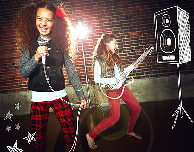 Buy stock photo Shot of two girls singing and playing rock music on imaginary instruments