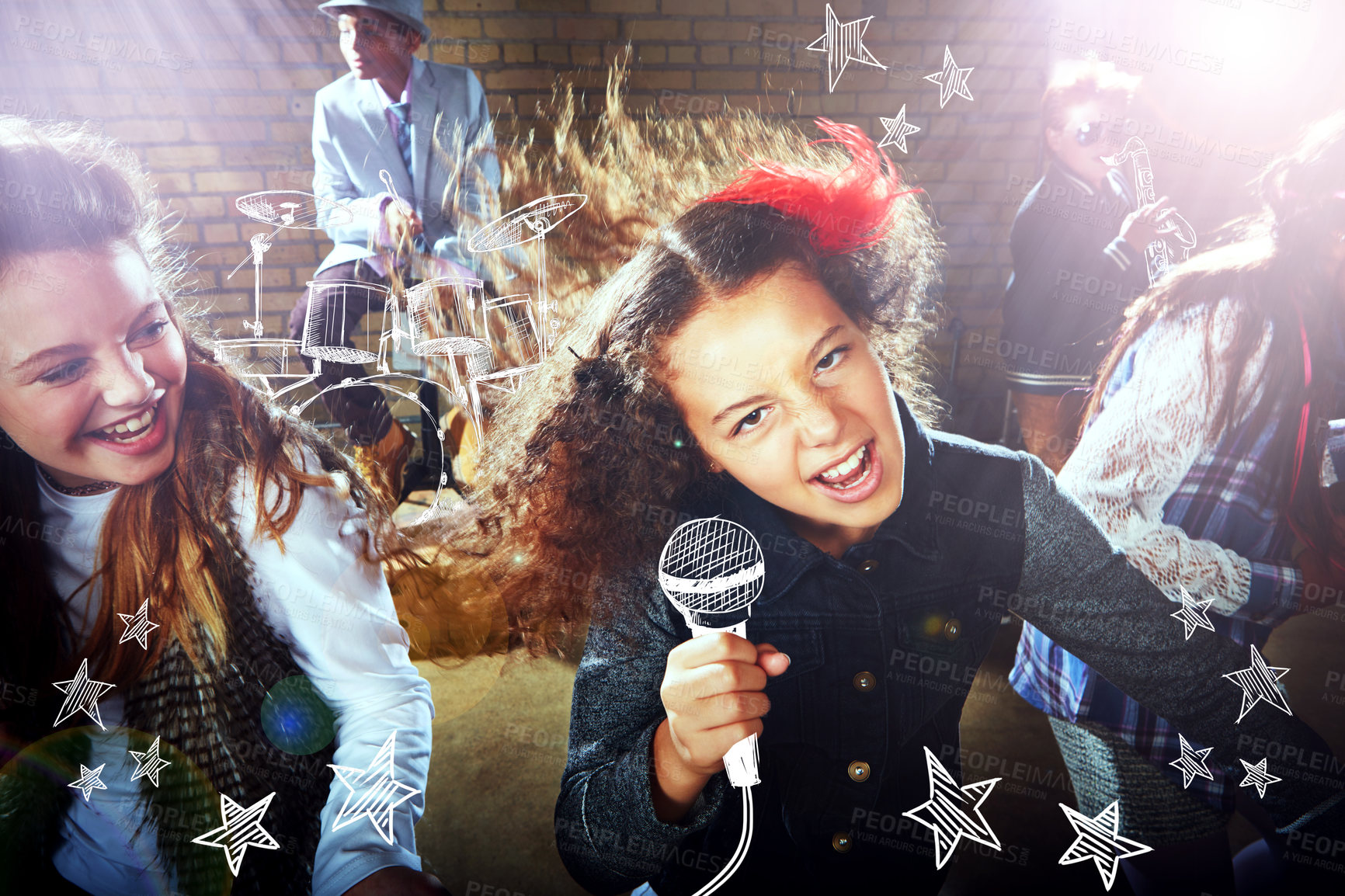 Buy stock photo Shot of children singing and playing rock music on imaginary instruments