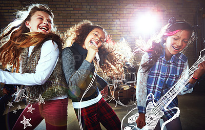 Buy stock photo Shot of children singing and playing rock music on imaginary instruments