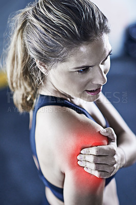 Buy stock photo Frustrated woman, shoulder and injury with bruise, red glow or pain in fitness accident, workout or exercise at gym. Tired female person with sore muscle, ache or inflammation in strain or hurt joint