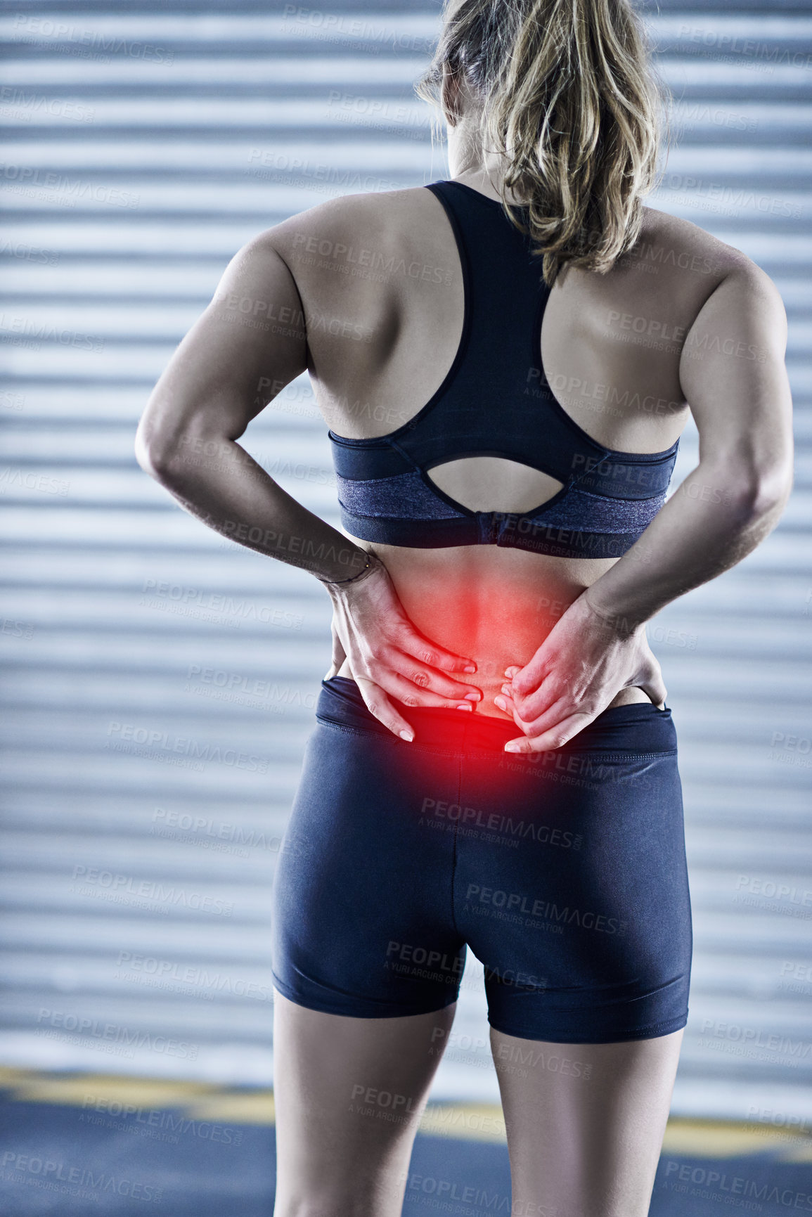 Buy stock photo Woman, back pain and injury in outdoor, sprain and red glow for inflammation after exercise accident. Female person, backache and fibromyalgia or arthritis, sciatica and spine bruise after workout