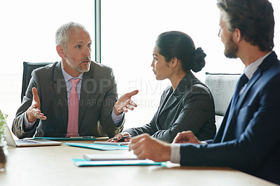 Buy stock photo Discussion, feedback and business people in office with manager for finance revenue report review. Planning, advice and financial consultants with mentor for forecasting company profit meeting.