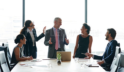 Buy stock photo Business people, happy and laptop in office for meeting, successful campaign and feedback with support. Manager, corporate team or excited in boardroom for company growth, project or proposal at tech