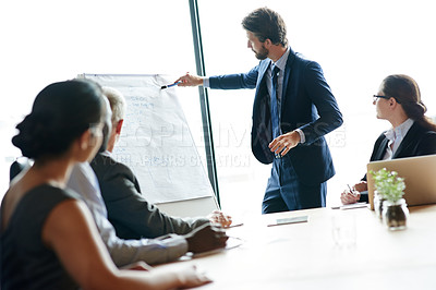 Buy stock photo Business man giving a presentation in a brainstorming or planning meeting with his colleagues in a boardroom. Male employee or speaker explaining company growth strategy to coworkers on a flipchart