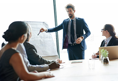 Buy stock photo Boss presenting innovative ideas to the team. Corporate executives have a formal meeting in the boardroom to brainstorm new strategy. Office meeting with communication between the staff and manager.