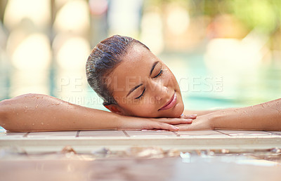 Buy stock photo Woman, water and relax with smile by pool side for summer holiday, peace and weekend vacation. Calm, female person and stress free at hotel with getaway, swimming and tourist resort in Greece