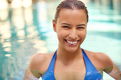 Buy stock photo Woman, portrait and happy in water of swimming pool for summer holiday, getaway and weekend trip. Female person, bikini and face with smile at hotel for vacation, peace and tourist resort in Bali