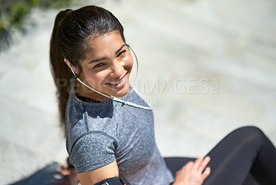 Buy stock photo Happy woman, portrait and fitness with headphones for break, relax or listening to music on stairs in city. Female person with smile or earphones on steps for podcast, playlist or audio after workout