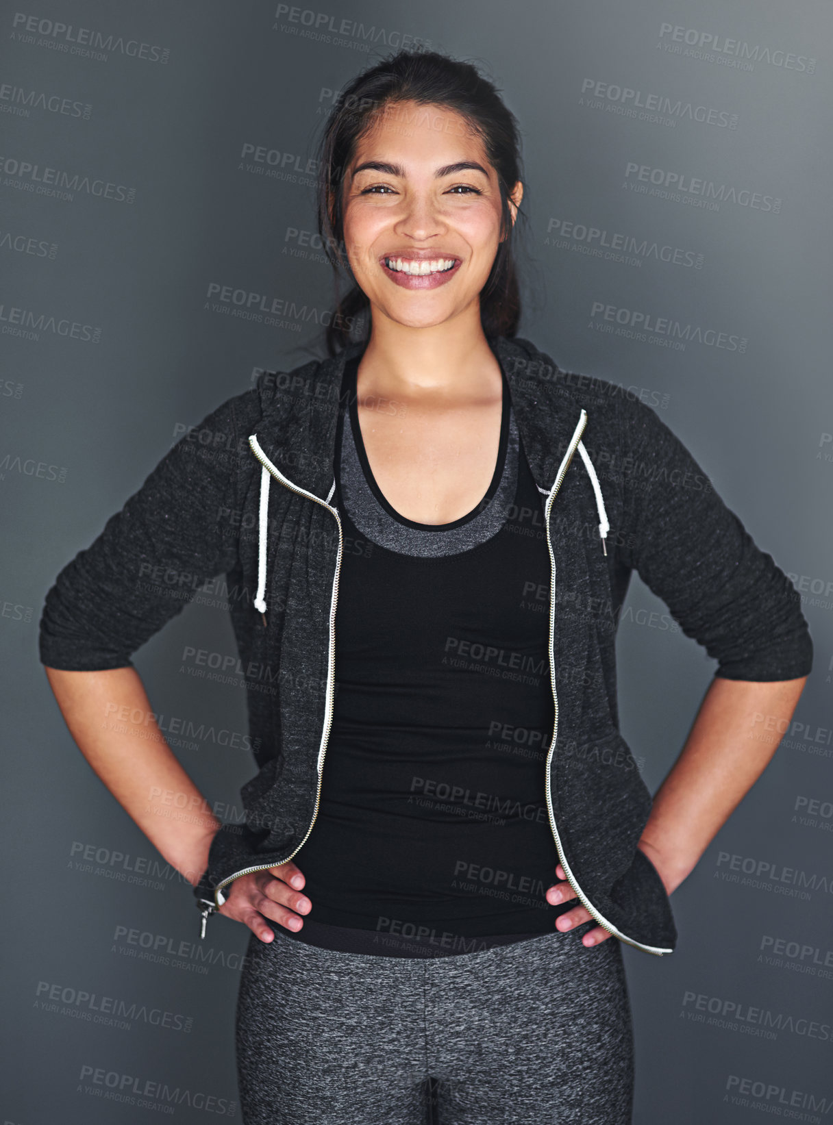 Buy stock photo Fitness, health and portrait of woman with smile for wellness, healthy body and wellbeing in studio. Sports, personal trainer and happy person for exercise, training and workout on gray background