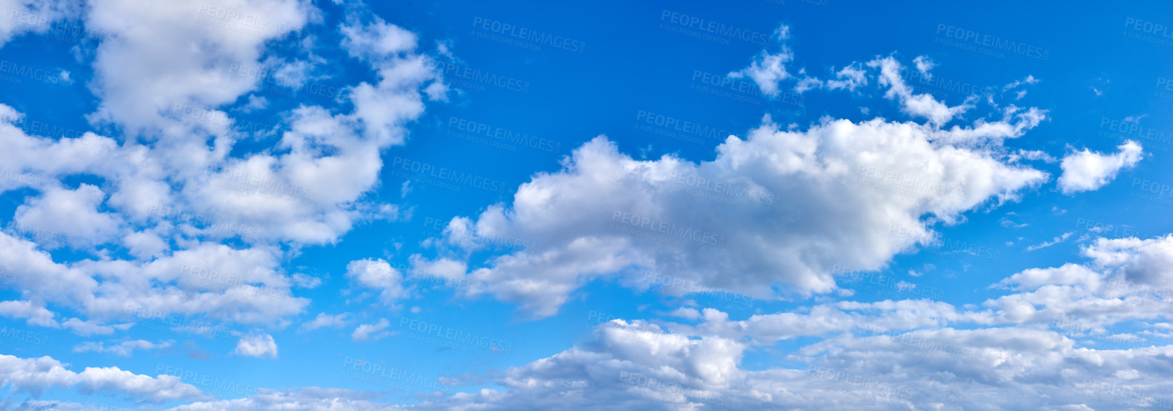 Buy stock photo White cumulus clouds rolling in clear blue sky with and copyspace. Scenic panoramic view of skyscape and cloudscape background. Climate for cool fresh weather. Beauty of earth in natural environment