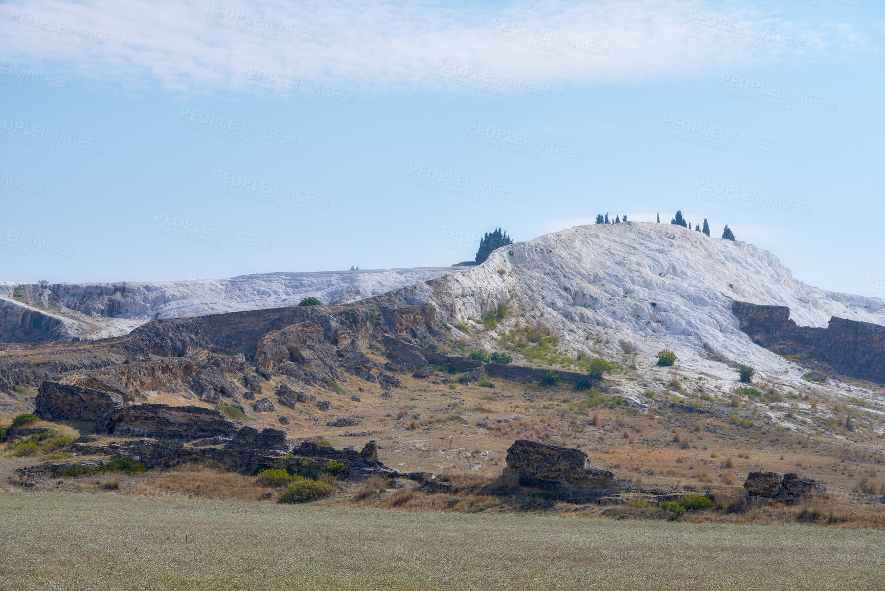 Buy stock photo Blue sky, mountain and landscape of nature with snow for hiking, travel or mockup space on clouds. Grass, hill or rock with ice outdoor for tourism location, holiday or adventure in winter in Germany