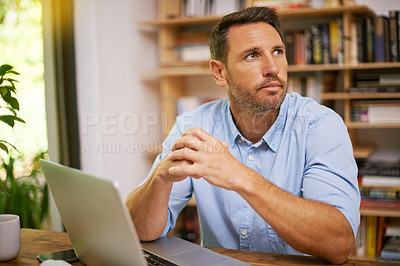 Buy stock photo Thinking, computer and man in home office with ideas, planning and professional online project. Remote work, inspiration and business development consultant with laptop, vision and insight at desk