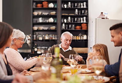 Buy stock photo Family, food and table for lunch in home, conversation and healthy meal or alcohol in apartment. Happy people, bonding and eating together on weekend, relax and speaking or sharing in dining room