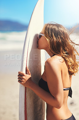 Buy stock photo Surf, kiss and woman with surfboard for vacation, hobby and love for adventure on beach. Female athlete, sunglasses and travel in summer for holiday, water sport and enjoyment in nature in Australia