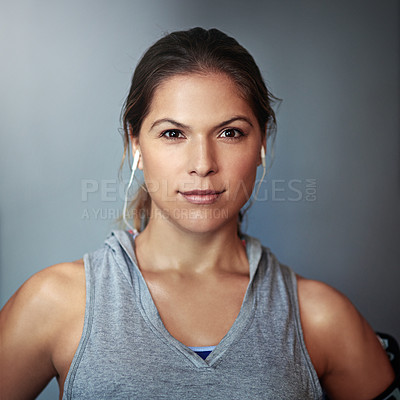 Buy stock photo Cropped studio shot of a sporty young woman against a gray background