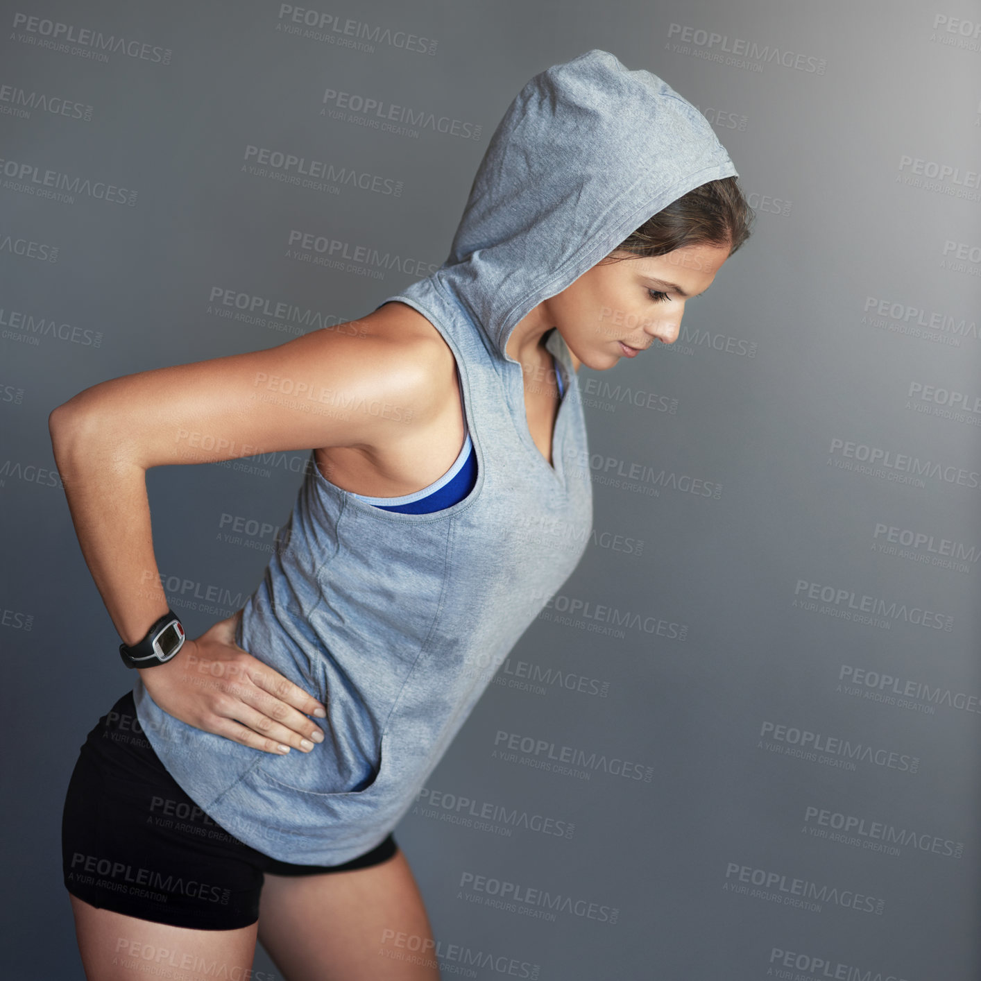 Buy stock photo Woman, athlete and stretching health in studio for mobility exercise on grey background, wellness or progress. Female person, fitness and training workout or lose weight routine, mockup or sportswear