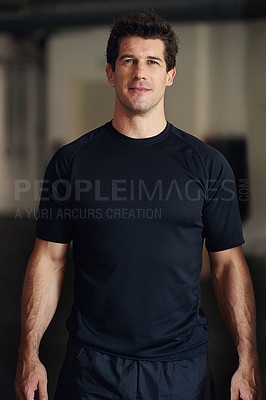 Buy stock photo Portrait, man and gym confidence with fitness, workout and training progress with athlete at health center. Trainer, bodybuilder and proud with casual style and exercise with sport at a wellness club