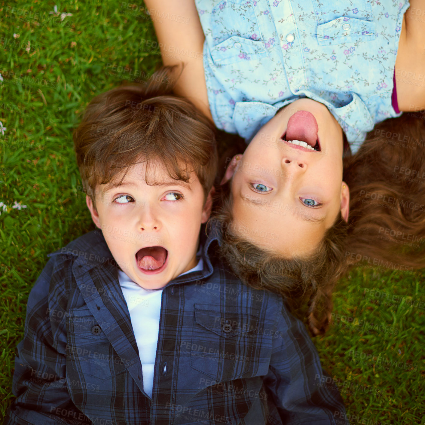 Buy stock photo Funny face of brother and sister with  tongue out on grass from above in garden for bonding together. Face, happy and humor with sibling children on lawn in backyard for comedy or playful joking