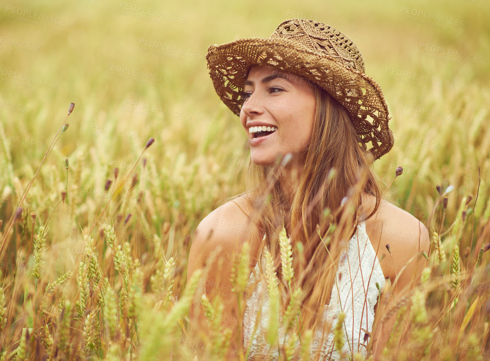 Buy stock photo Cropped shot of a young woman in a wheat field