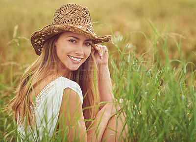 Buy stock photo Portrait, wheat field and woman with environment, nature and travel with adventure, countryside and summer holiday. Face, person or girl with hat, outdoor and calm with happiness, wellness or journey