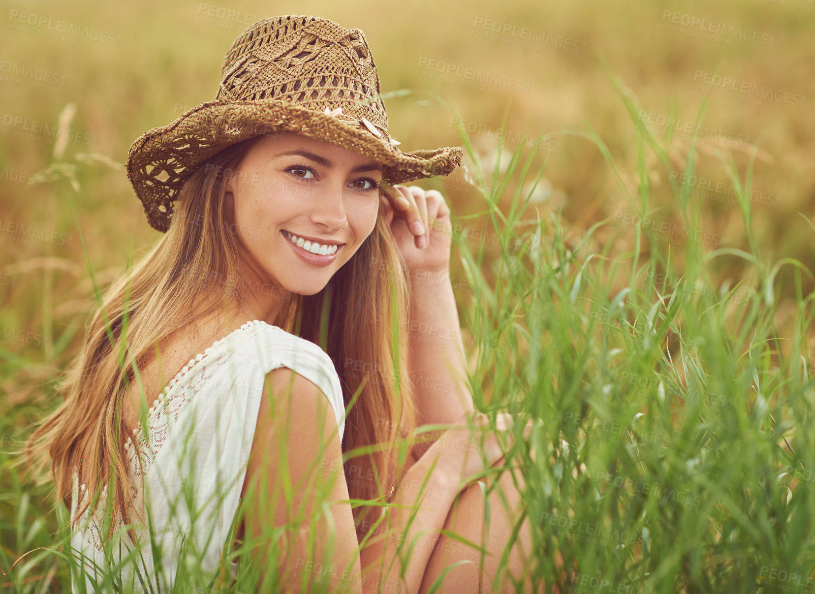 Buy stock photo Portrait, wheat field and woman with environment, nature and travel with adventure, countryside and summer holiday. Face, person or girl with hat, outdoor and calm with happiness, wellness or journey