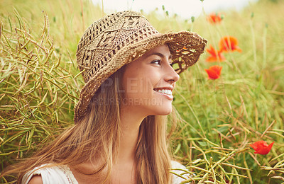 Buy stock photo Relax, smile and thinking with woman in nature for break, travel or wellness in season of summer. Green, organic hat and sustainability with happy person outdoor for eco friendly fashion or idea