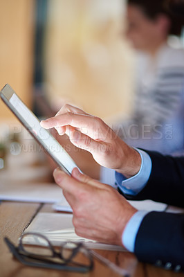 Buy stock photo Closeup shot of businesspeople using digital tablets during a conference