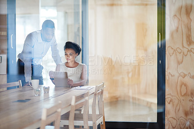 Buy stock photo Business woman, tablet and office collaboration with staff and planning of tech for research on law case. Digital, labor lawyer and teamwork with discussion and desk in conference room with glass