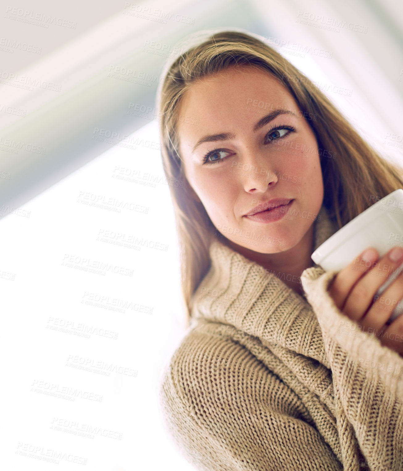 Buy stock photo Woman, thinking and coffee in home in morning after sleeping with idea, cup and peace for relax and rest. Female person, vision and tea in house after wake up for comfort, break and stress relief