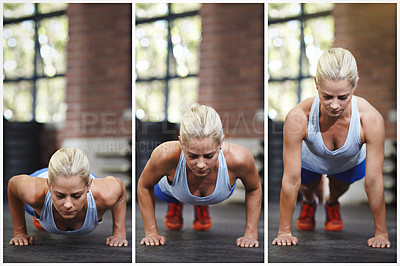 Buy stock photo Composite series of a young woman doing pushups in a gym