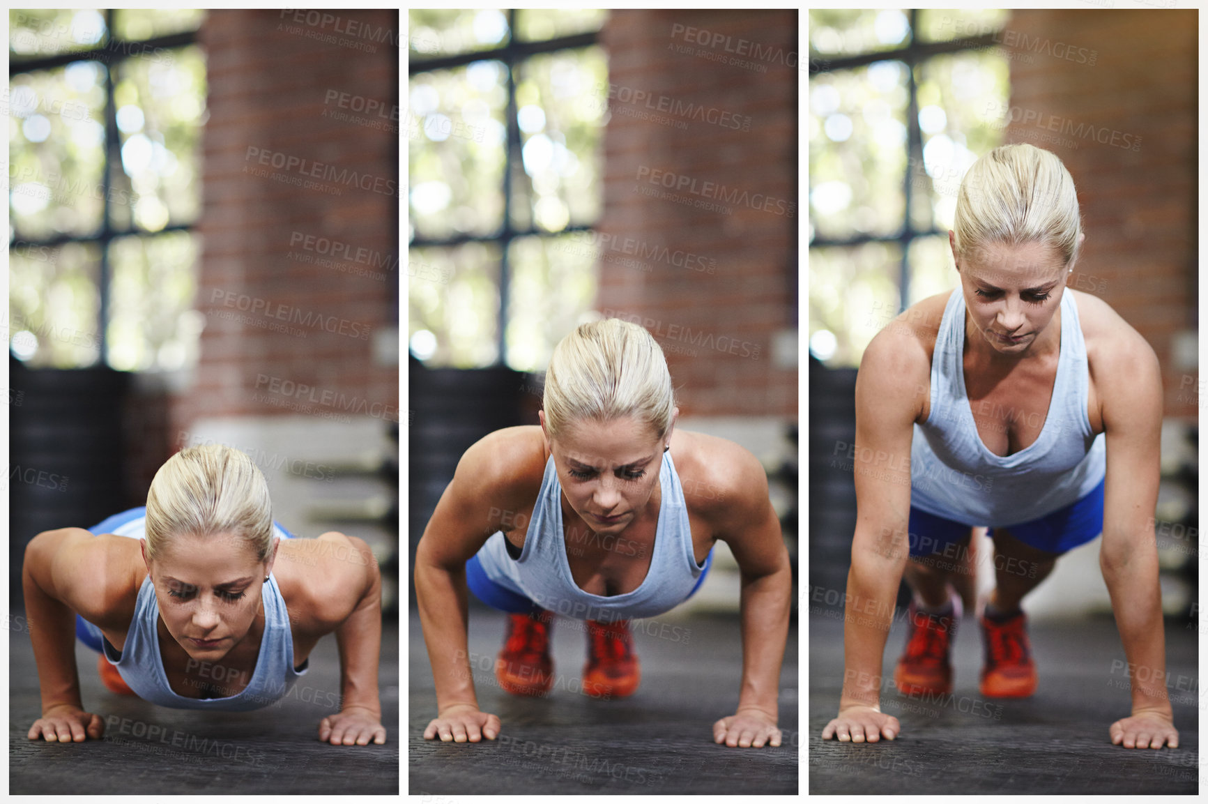 Buy stock photo Composite series of a young woman doing pushups in a gym