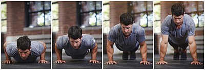 Buy stock photo Composite series of a young man doing pushups in a gym