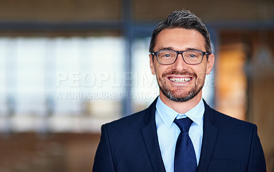 Buy stock photo Businessman, manager and portrait of smile in office with confidence for employee in finance company. Professional, entrepreneur or face of CEO with mockup space, pride for auditing career or glasses