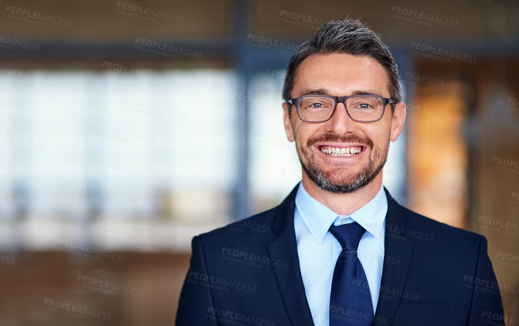 Buy stock photo Businessman, manager and portrait of smile in office with confidence for employee in finance company. Professional, entrepreneur or face of CEO with mockup space, pride for auditing career or glasses