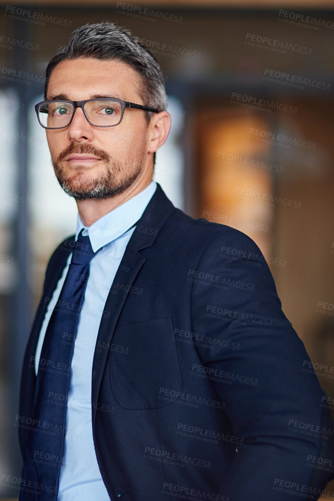 Buy stock photo Corporate businessman, portrait and confidence in office with pride for employee in finance company. Professional, mature person or face of manager with mockup, serious for auditing career or glasses