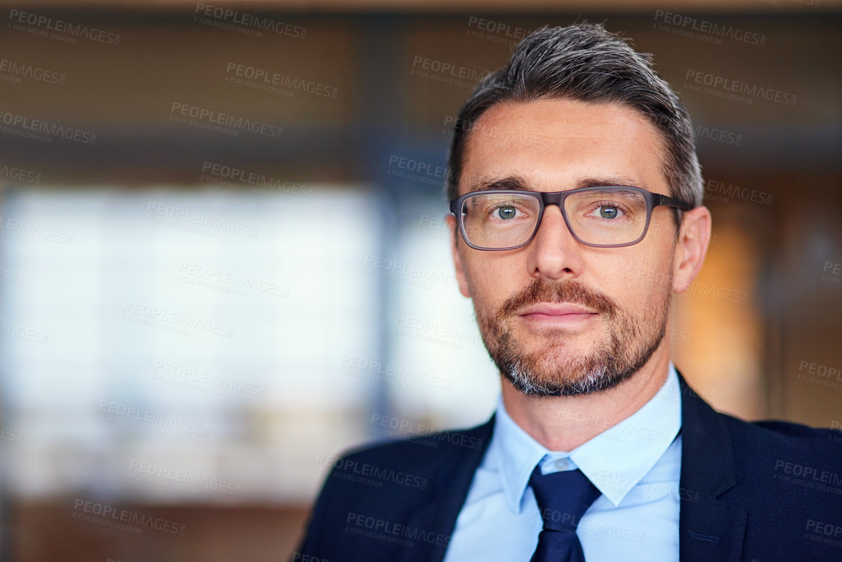 Buy stock photo Corporate businessman, portrait and serious in office with confidence for leadership in finance company. Professional, employee and face of manager with mockup, pride for auditing career and glasses