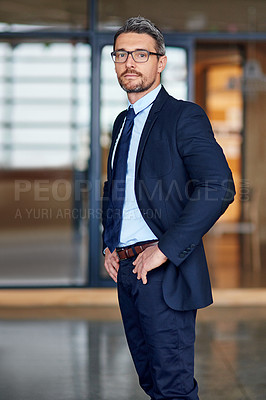 Buy stock photo CEO, businessman and portrait or serious in office with confidence for person in finance company. Professional, employee and face of manager in accounting, pride for auditing career and glasses