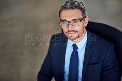 Buy stock photo Office, portrait and businessman in chair, glasses and opportunity at law firm on high angle. Lawyer, attorney or mature man with professional pride, about us or consultant at legal advisor at agency