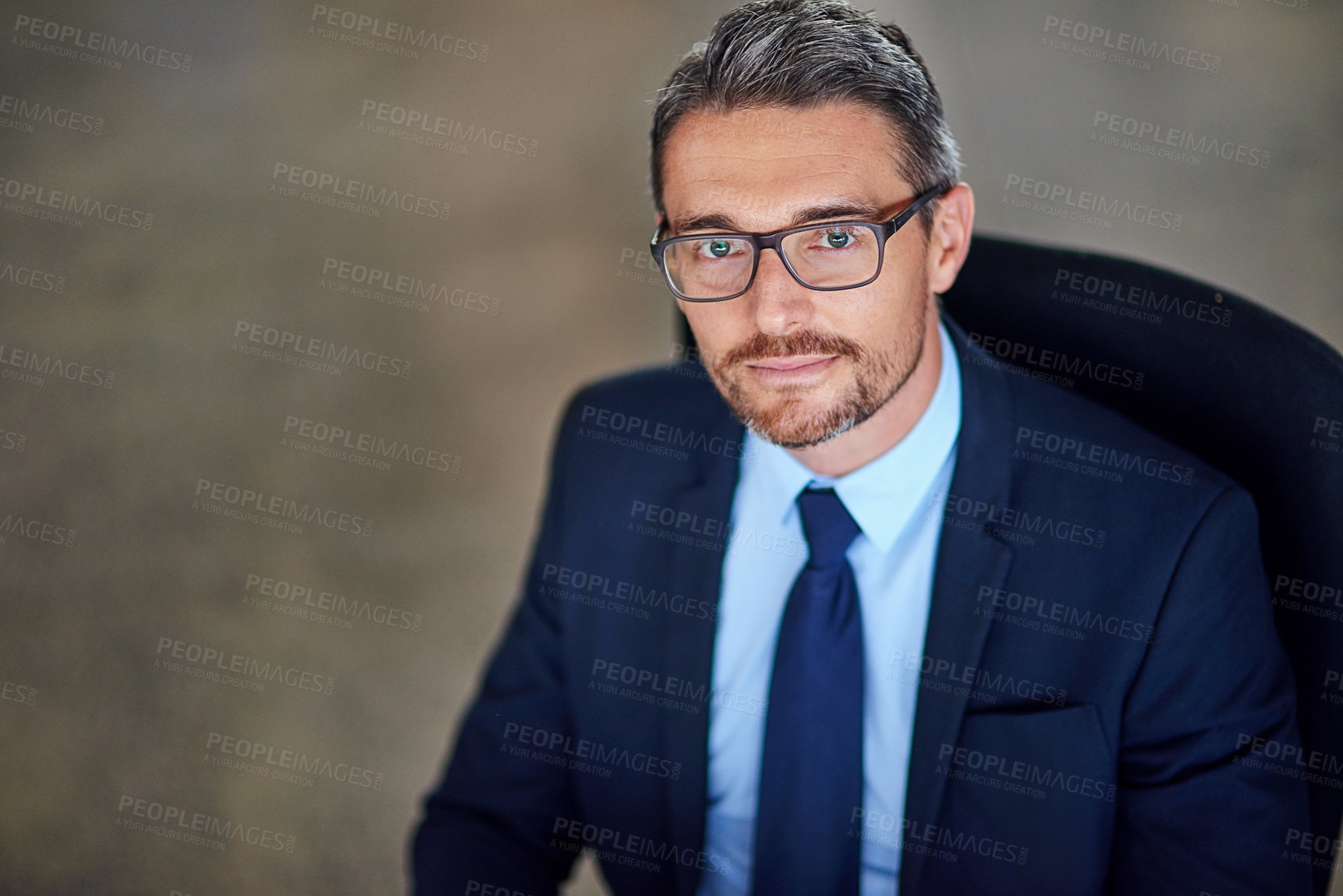 Buy stock photo Office, portrait and businessman in chair, glasses and opportunity at law firm on high angle. Lawyer, attorney or mature man with professional pride, about us or consultant at legal advisor at agency