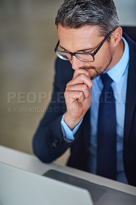 Buy stock photo Thinking, business man and laptop with finance research, investment planning and trading website. Internet, professional and office with online, digital and corporate employee at desk with idea