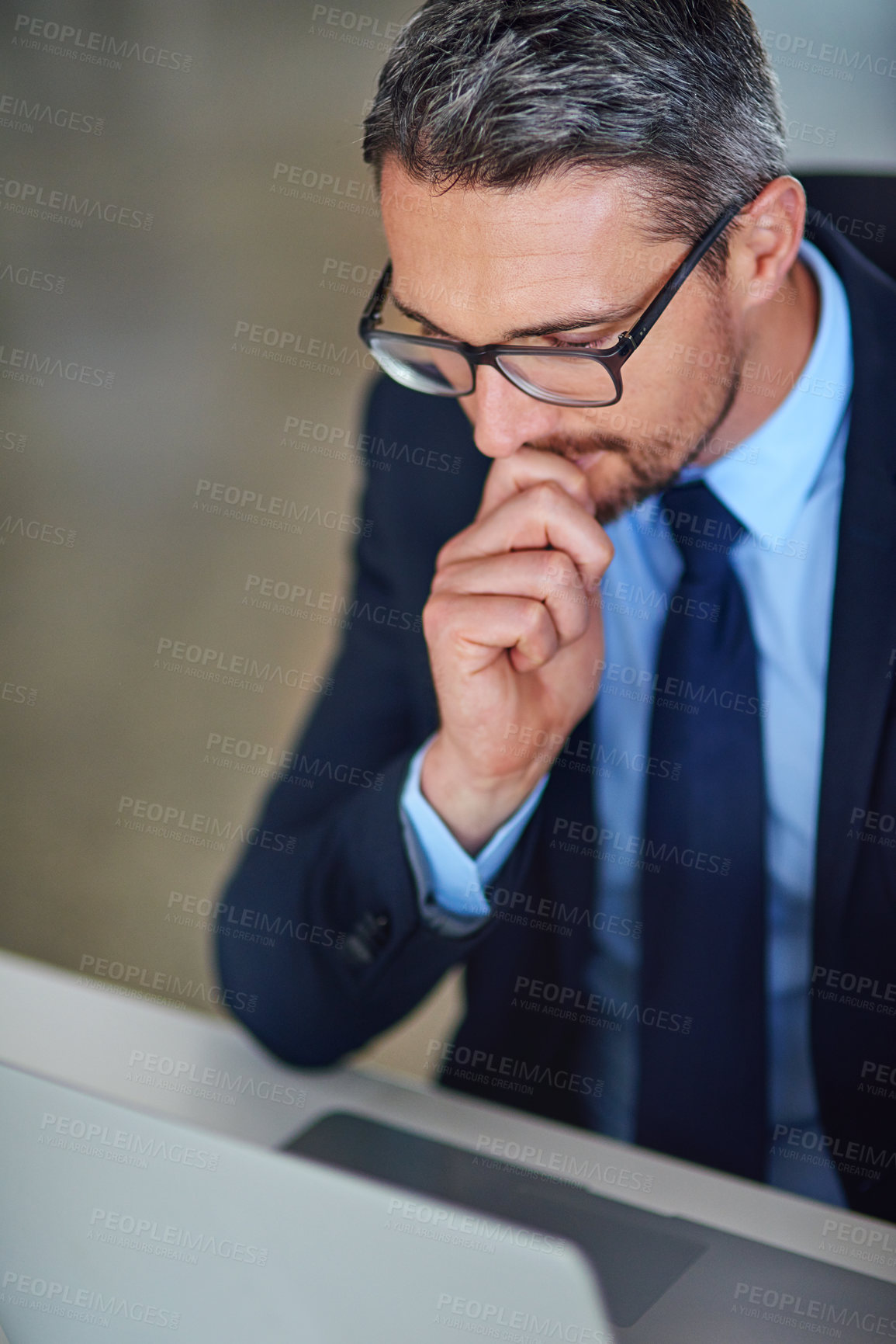 Buy stock photo Thinking, business man and laptop with finance research, investment planning and trading website. Internet, professional and office with online, digital and corporate employee at desk with idea