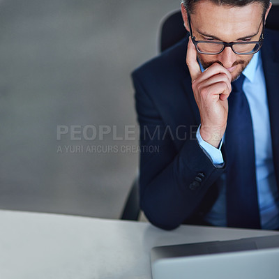 Buy stock photo Thinking, business man and company laptop with finance research, investment planning and mockup. Internet, professional and office with online, digital and corporate employee at desk with idea