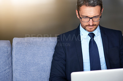 Buy stock photo Sofa, airport and business man on laptop for commute, travel and journey for work trip or conference. Corporate, professional and person on computer in lobby for website, flight schedule and internet