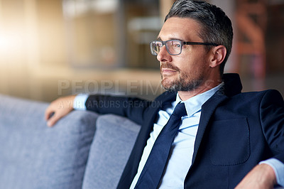 Buy stock photo Office, thinking and business man on sofa for career goals, ideas or solution as immigration lawyer. Professional, male attorney or worker for corporate firm, legal service and labor law in workplace